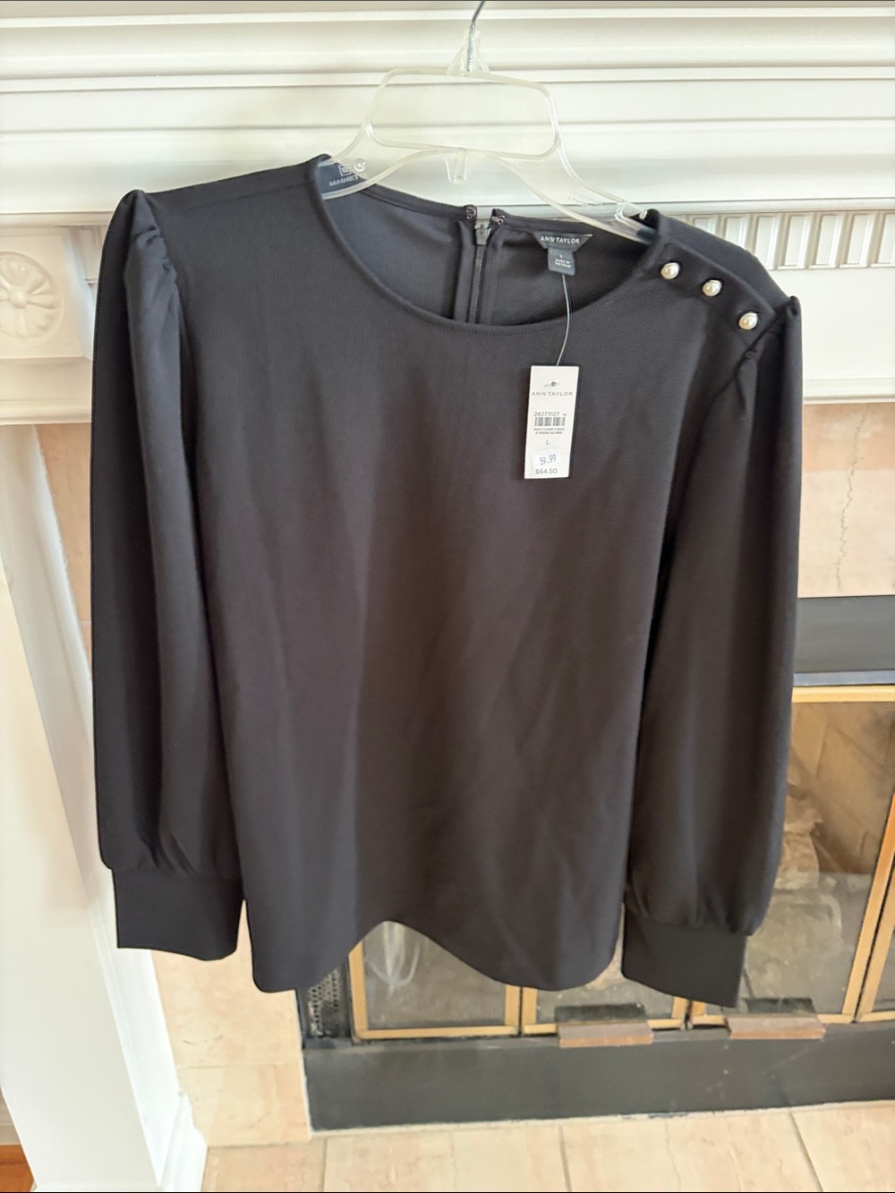 Ann Taylor Black Puff Sleeve Top with Pearl Accent